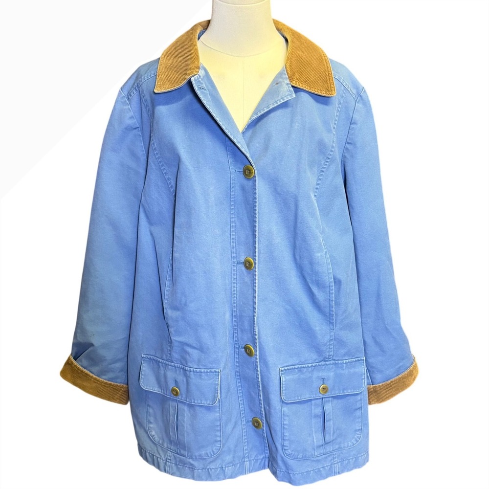 L.L. Bean Barn Jacket Women 1X Blue Good Canvas Flannel Lined Corduroy Collar